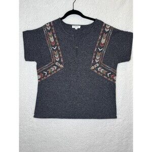 THML Shirt Womens Medium Gray Embroidered Short Sleeve Boho Tunic Top Casual